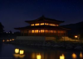 错位时光漫画封面，两个角色在城市夜景背景下，霓虹灯光映照，画面色调蓝紫交织